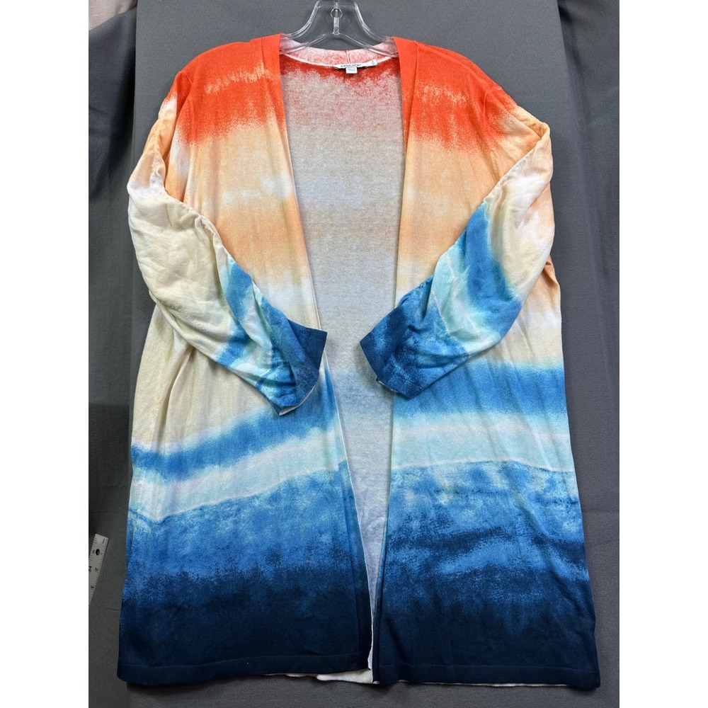 Chicos Ombre Sunset Cardigan Sweater Blue Orange Open Front Size 3 / XL Cotton